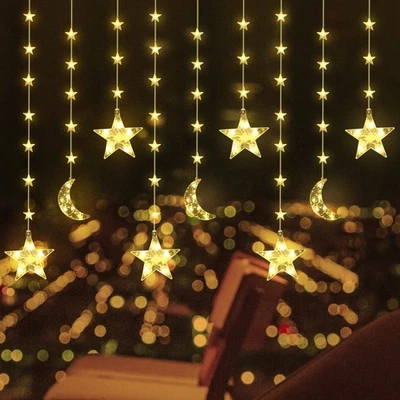 MARKENLOS 72 LED Cadena de Luces Estrellas Luna Cortina de Luces Interior Exterior Ventana Navidad