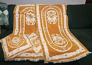 Vintage Fieldcrest Imperial Harvest Gold Sculpted Towel Set X 2 Fringe MCM 70s - Picture 1 of 15