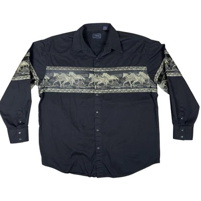 Roper Western Horse Print Shirt Mens XL Macao Black Button Snap Cowboy Rodeo Y2K - Image 1 of 4