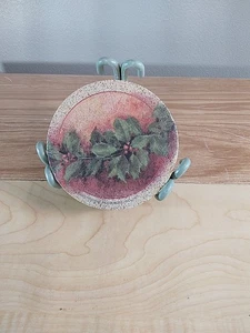 Juego De Colección De 4 Posavasos Navidad Acebo Gres Respaldo De Corcho con Soporte - Imagen 1 de 8