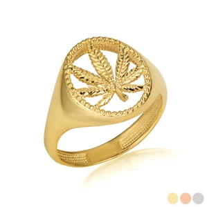 Gold Diamond Cut Marijuana Leaf Weed Textured Ring (Yellow/Rose/White) - Picture 1 of 5
