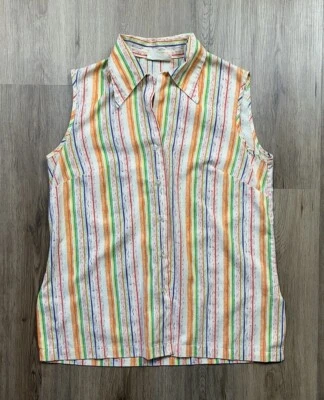 Camisa Sears Rainbow a Rayas Para Mujer Vintage 50/50 Mezcla Sin Mangas Botones Foto 1 de 4