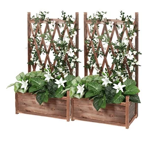 Wood Planter Box Climbing Plant Outdoor Hanging Flower Pots Holder with Trellis - Picture 1 of 12