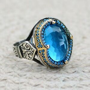 Vintage Aquamarine Ring Men 925 Sterling Silver Jewelry Blue Gemstones Size 9.5