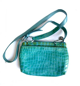 BRIGHTON Teal Aqua blue Green Patent Leather Croc Zip Shoulder Hand Bag Purse - Picture 1 of 11