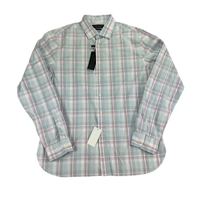 Bloomingdales Mens Casual Stretch Plaid Slim Fit Button Down Shirt Light Blue L - Image 1 of 4