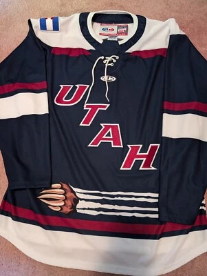 Rare ECHL Athletic Knit Utah Grizzlies Navy Wordmark Hockey Jersey, Size L - Image 1 of 3