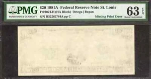 1981A FEDERAL RESERVE NOTE $20 ST LOUIS PMG CU 63 EPQ MISSING PRINT ERROR (764A) - Picture 1 of 2