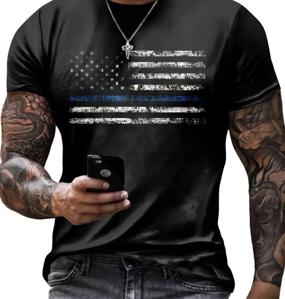 Bandera Americana Hombre - Línea Azul - T Negra - XXL - Patriótica - 4 de Julio Apoyo Policía Foto 1 de 3
