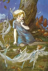 Postcard: Vintage repro - Girl watches fairies dance, twilight, fairy hill - Picture 1 of 3