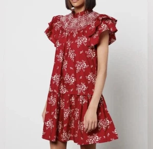 Sea New York Alessia Red Floral Smocked Flutter Sleeve Tiered Dress Pockets XS - Picture 1 of 15