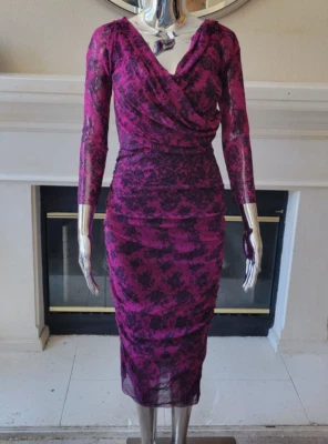 Новый Fuzzi GAULTIER кружева печать собранными в Рюш тюль Gardenia фиолетовый платье размер L новый с Ярлыками - Изображение 1 из 4