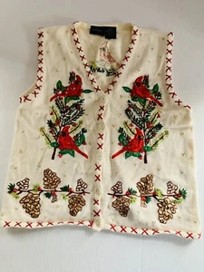 In Resource Women’s Christmas Sweater Vest L appliques Cardinals Pinecones - Picture 1 of 12