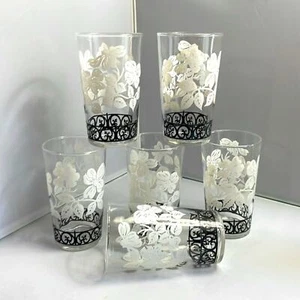6 Vintage Federal Glas Saftbecher Gläser weiß Hartriegel Blumen & schwarzer Rand - Bild 1 von 6