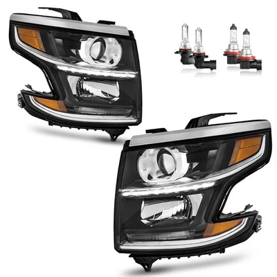 Pair Headlights Assembly For 2015-2020 Chevy Tahoe Suburban Black w/ Bulbs Foto 1 de 4