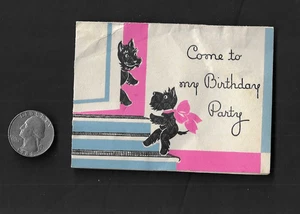 Vintage 1940er Grußkarte Komm zu meiner Geburtstagsparty schwarz Scottish Terrier Welpen - Bild 1 von 3