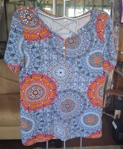 Comfortable Blouse/Top Size Large-Multicolor Blue and Orange - Foto 1 di 17