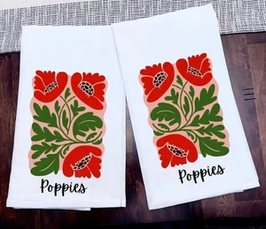 Kitchen Dish Towels Red Poppy Flowers Ink on 100% Cotton 28x28 New Set of 2 - Picture 1 of 1