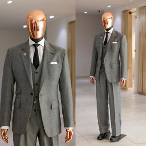 Fashion Gray Men's Plaid Suit 3 Piece Single-Breasted Business Banquet Custom