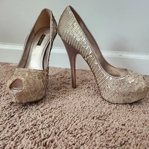 LOUIS VUITTON Beige Sequin Sanaga Open Toe Pumps Size 8.5/38.5 Authentic - Picture 1 of 14
