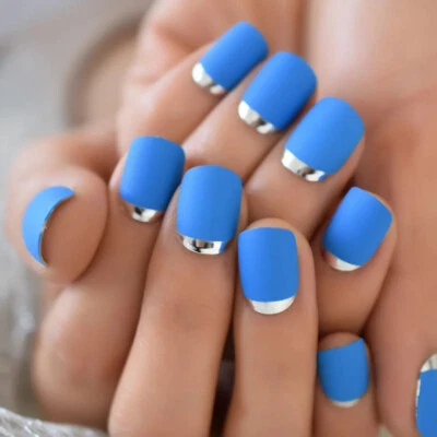 24 Short Press on nails kit w glue bright blue matte silver chrome reverse frenc - Image 1 of 4