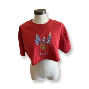 TEXAS Bluebonnet Top Ricamato Floreale Crop Top T-shirt novità Donna Large L - Foto 1 di 2