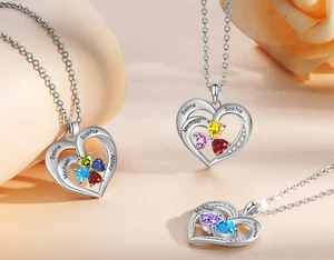 Personalized Double Heart Pendant Mother's Day Necklace 2-4 Names & Birthstones - Picture 1 of 11