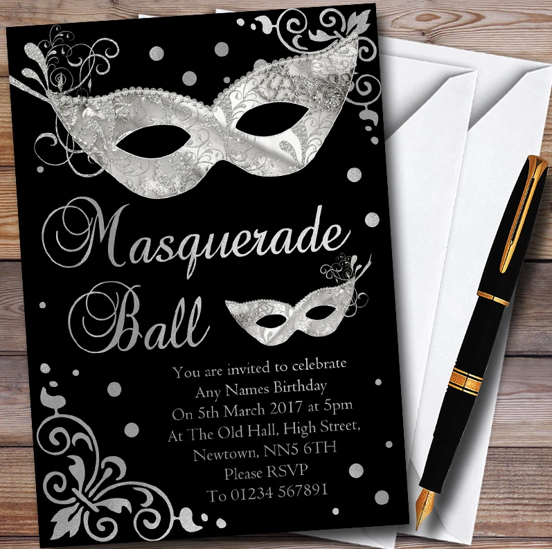 Silver & Black Masquerade Ball Personalised Party Invitations - Image 1 of 1