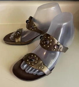 Axcess Bronze Brown Leather High Heeled Jeweled w/ Brass Accents Sandal Sz 6.5M - Picture 1 of 9