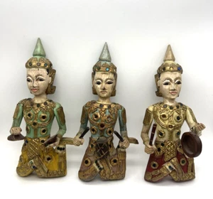 3er Set Vintage Thai Siamesische Holz Musiker Wandbehänge 10" T - Bild 1 von 15