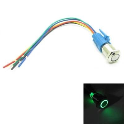 Green 16mm Metal Push Button Switch Momentary 12V-24V Ring LED Light + Connector - Image 1 of 4