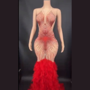 Red Feather Kim Kardashian Diamond Mermaid Dress Christmas L/1X Drag Queen Train