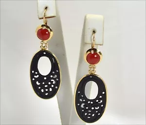 Pendientes de Oro Amarillo 18KT Con Coral Rojo Y Jade Negro Grabado Oght - Imagen 1 de 3
