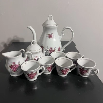 Juego de té vintage de cerámica fina China Demitasse de 10 piezas flores rosas y moradas Foto 1 de 4