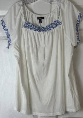 Chaps Denim Women’s Short Sleeve Embroidered White Top Cotton Blend Sz XL READ - Image 1 of 4