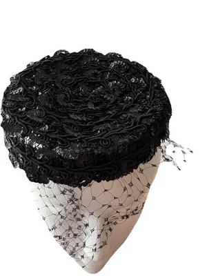 Vintage Black Pillbox HatCirca 1960s  Pillbox HAT Netting Mesh Black Sequins WOW - Image 1 of 4
