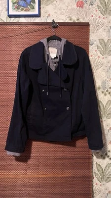 Anthropologie HEI HEI Hooded Peacoat Layered Jacket Womens L  Navy Blue + Gray - Image 1 of 4