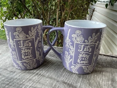 2 Pc LETS STAY HOME Embossed lavender coffee mugs 16 ounce wildflowers Relax - Image 1 of 4