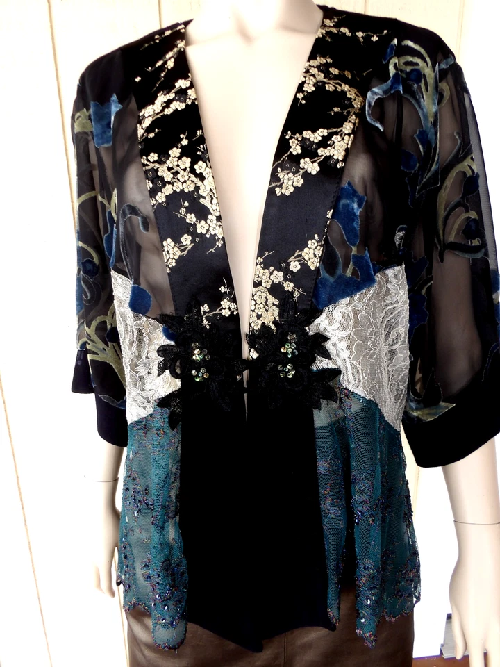 Spencer Alexis Black Teal Cream Floral Crepe Kimono Cardigan Jacket XL Vtg New - Image 1 of 4