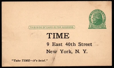 VINTAGE ADVERTISEMENT TIME MAGAZINE, 9 EAST 40TH STREET, NEW YORK POSTAL CARD - Image 1 of 2