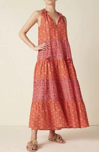 $595 Figue Women's Red Betty Mixed-Print Tiered Tassel Cotton Maxi Dress Size Sm - Picture 1 of 6