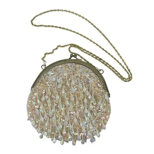 Vintage Iridescent Teardrop Beaded Shoulder/Crossbody Bag Golden Crown 6.5 in - Picture 1 of 12