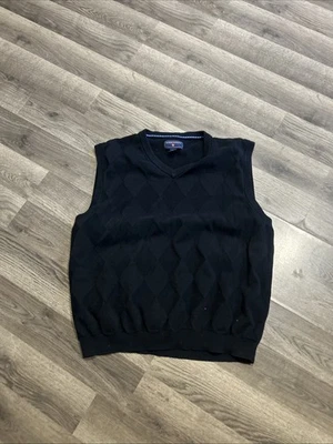 Saddlebred Knitted Vest L Mens Black Print Sweater V Neck Cotton Golf Office - Image 1 of 4