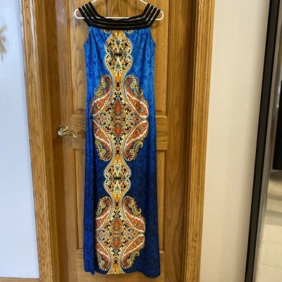 Venus Off The Shoulder Sleeveless Long Dress In Boho Blue Print Size M - Image 1 of 4