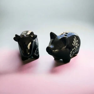 Black White Ceramic Farm Animal Salt Pepper Shakers Pig Cow Floral Design - Picture 1 of 5