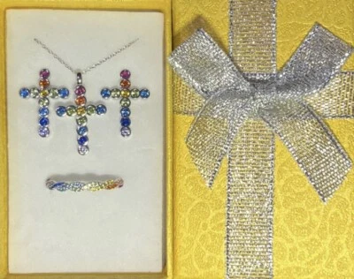 FINE Sterling Silver Multicolor Gemstones Cross Necklace, Earrings, & Ring 8 Set - Image 1 of 4