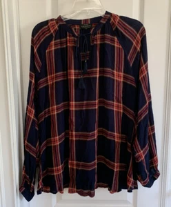Lucky Brand Top Womens 2X Boho Hippie Cottagecore Peasant Shirt Blouse Navy - Picture 1 of 9