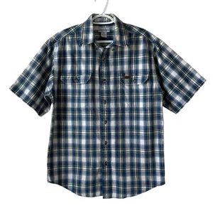 Carhartt Plaid Shirt Mens Medium Short Sleeve Blue Flannel Button Up Classic - Picture 1 of 13