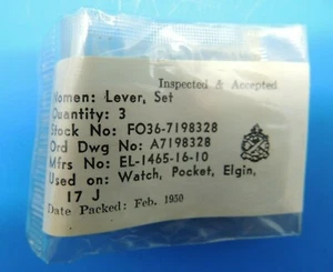 Genuine Vintage Elgin 17J Military Pocket Watch Lever Set Parts 1950 NIP USA - Picture 1 of 2