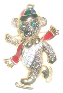 1980s vintage skating bear brooch in red suede-like bag, never worn - Picture 1 of 3